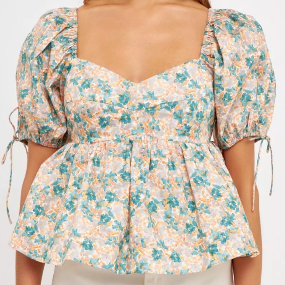 English Factory orange, and turquoise, floral, puff sleeve top